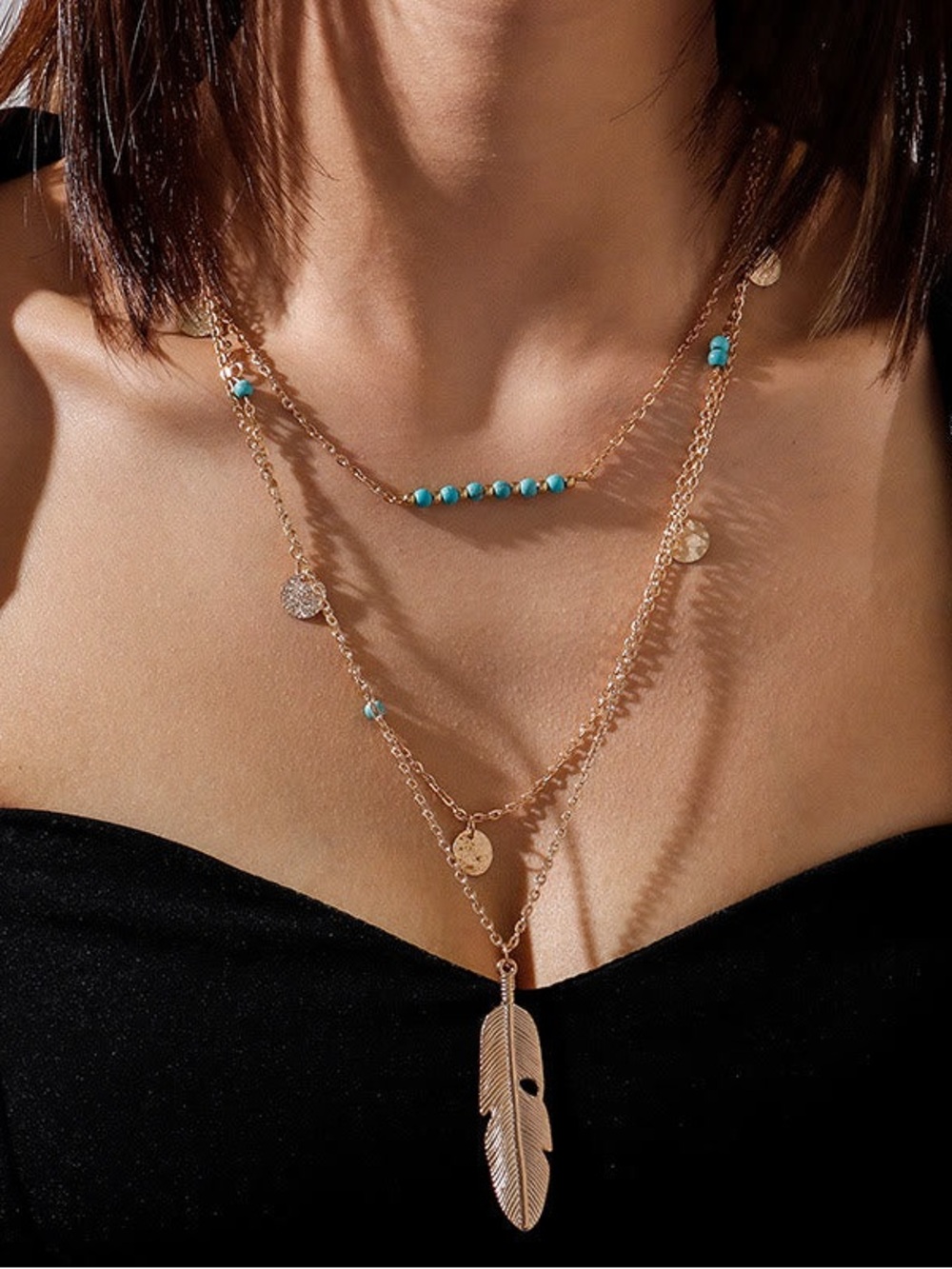“New” Olivenorma Turquoise Leaf Pendant Three Layer Necklace